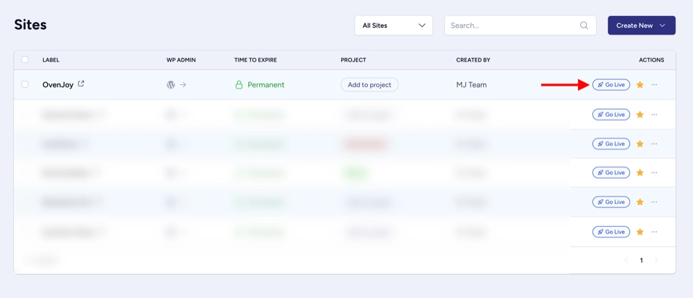 Zipwp staging sites page
